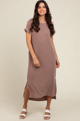 Taupe Ribbed Short Sleeve Maternity Midi Dress