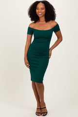 Forest Green Off Shoulder Fitted Midi Dress