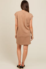 Mocha Front Pocket Line Textured Short Sleeve Maternity Dress