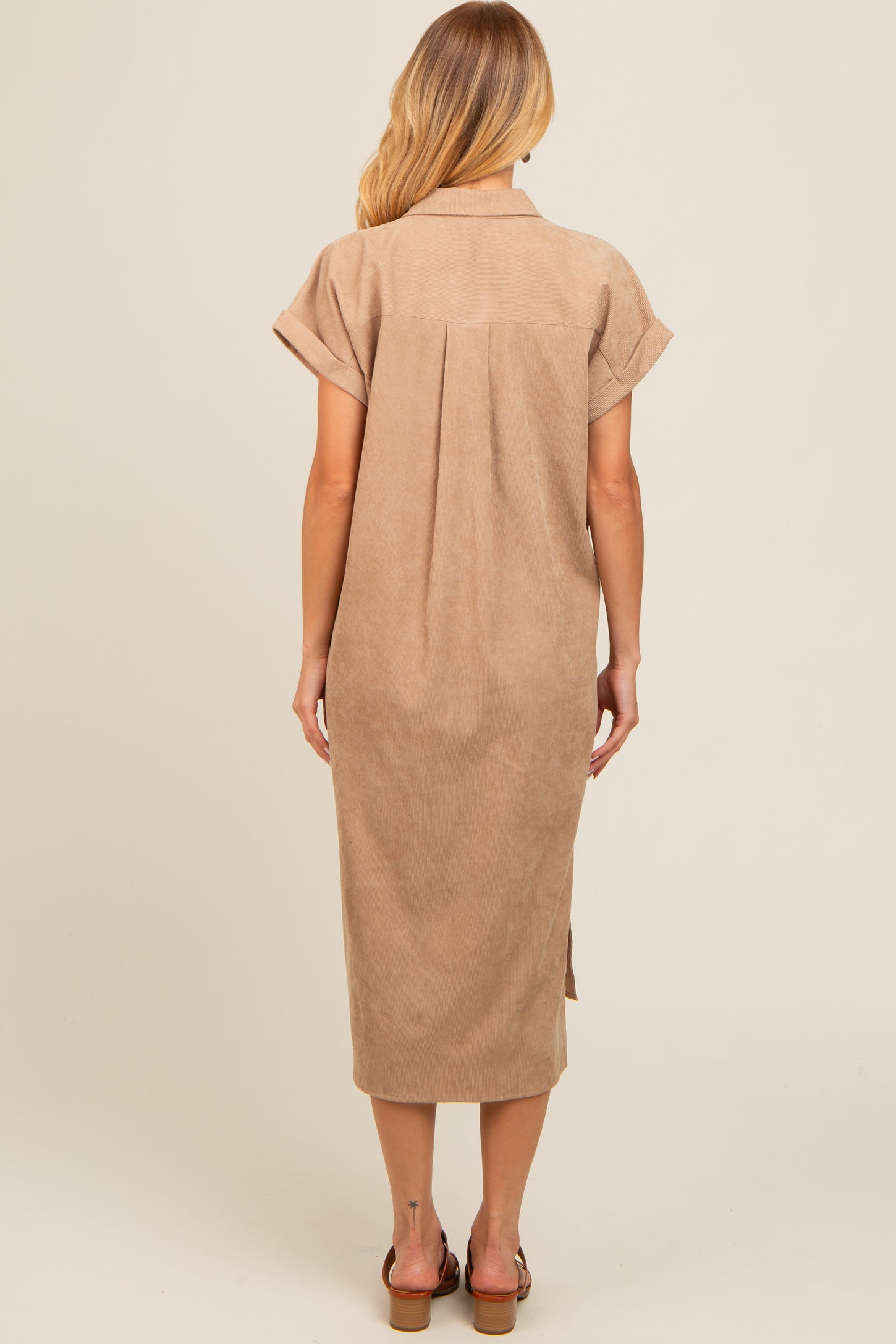 Beige Corduroy Button Down Midi Dress