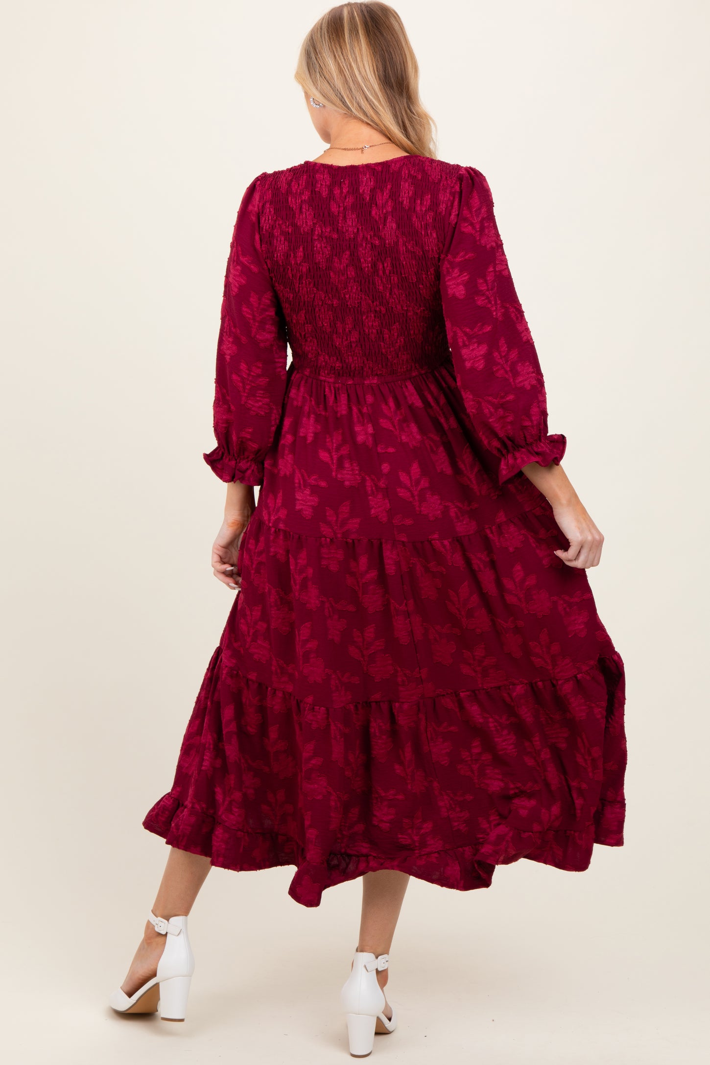 Burgundy Floral Smocked V-Neck Maternity Maxi Dress