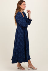 Navy Floral Smocked V-Neck Maxi Dress