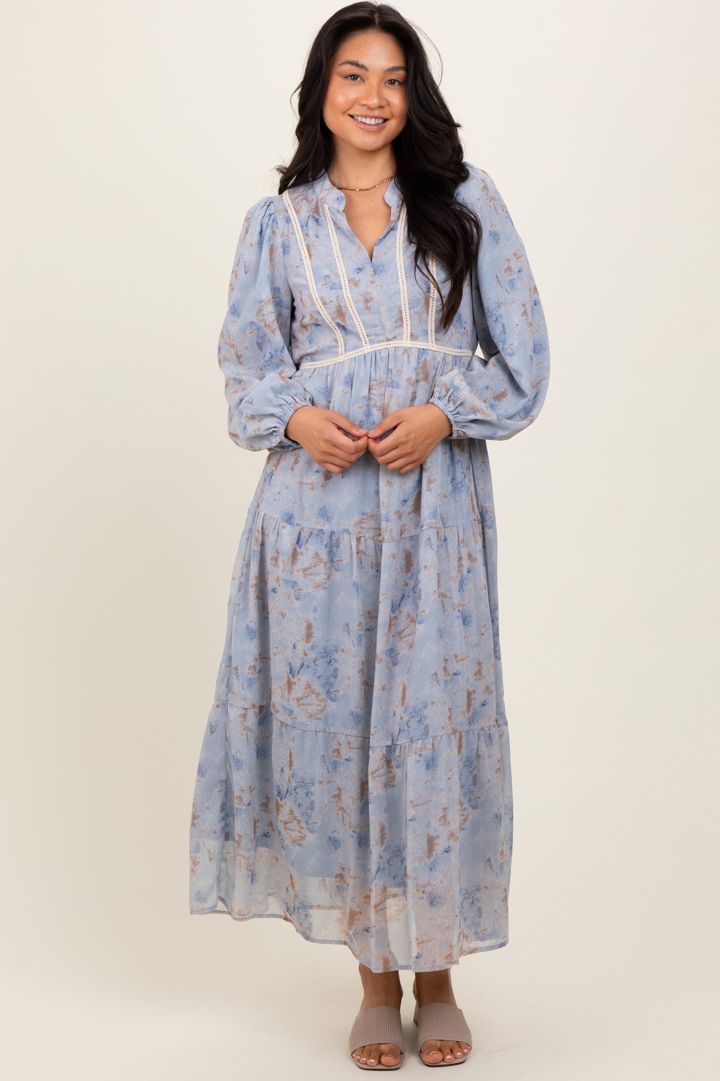 Light Blue Floral Lace Trim Maternity Maxi Dress