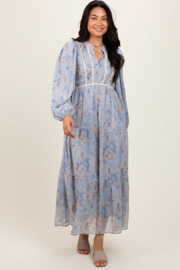Light Blue Floral Lace Trim Maxi Dress