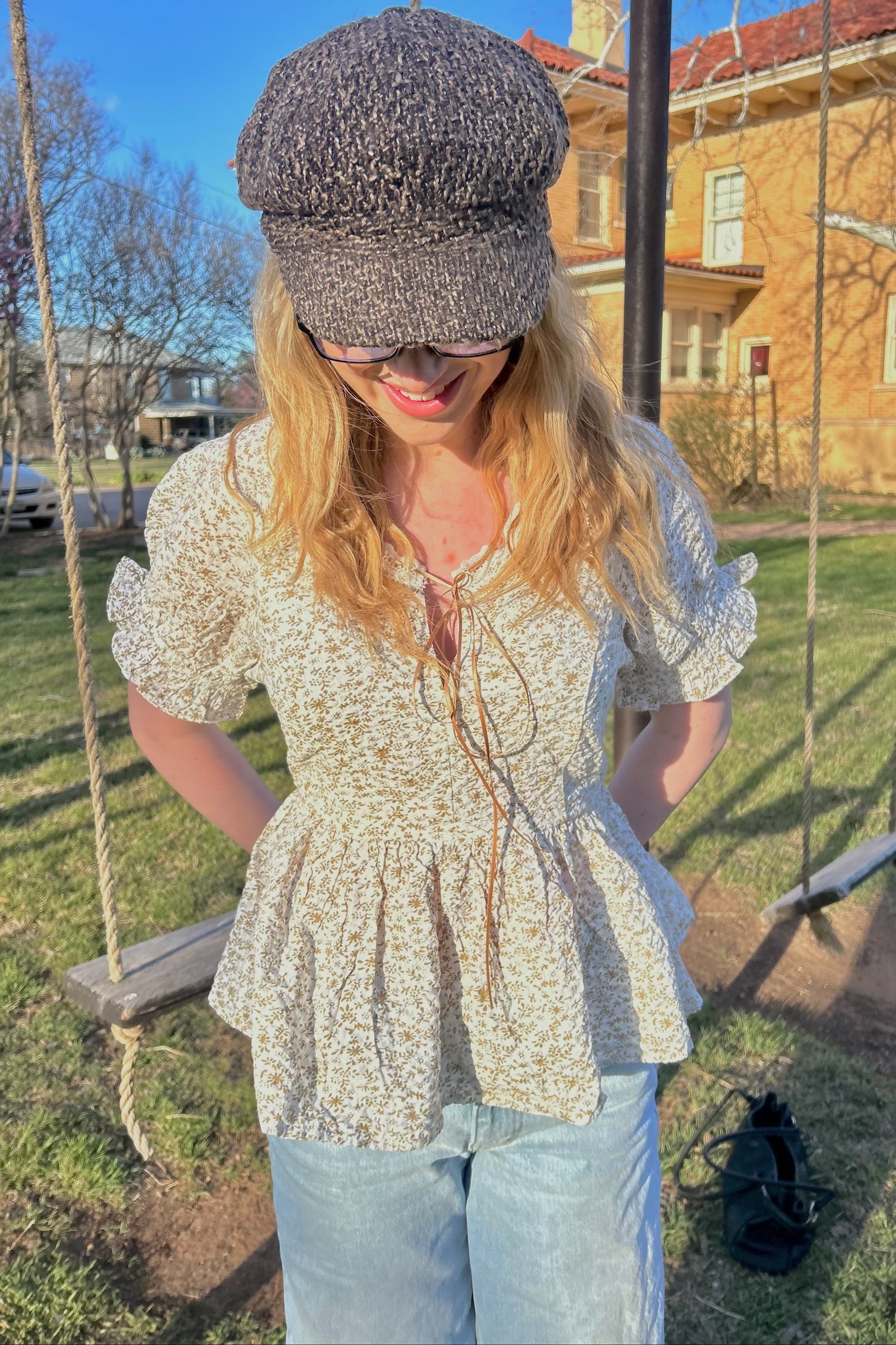 Ivory Taupe Ditsy Floral Blouse