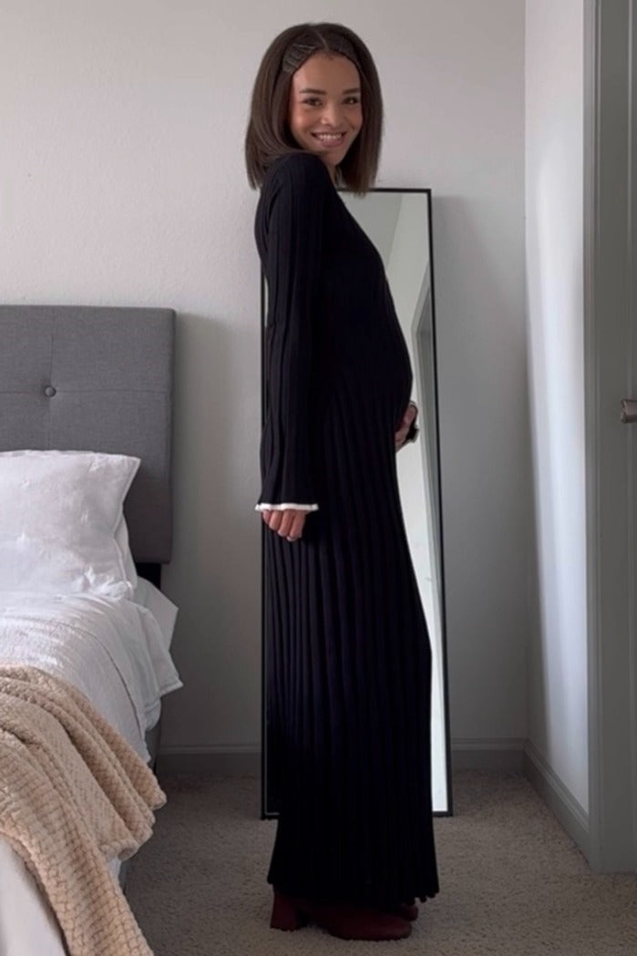 Black Ribbed Knit Collared Button Up Maternity Maxi Dress