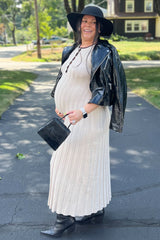Beige Ribbed Knit Button Detail Sleeveless Maternity Maxi Dress
