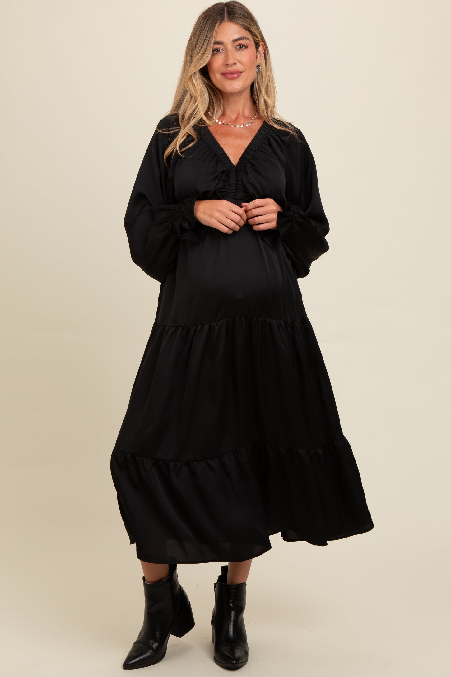 Black Satin V-Neck Tiered Maternity Maxi Dress
