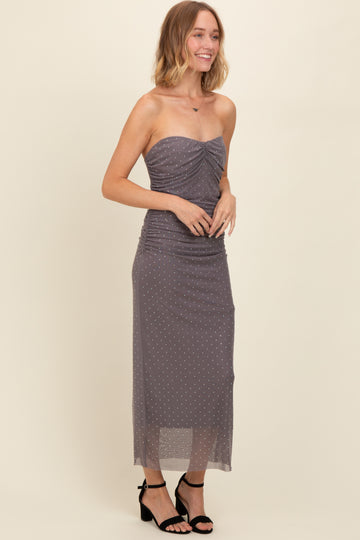Grey Dot Print Strapless Ruched Maxi Dress