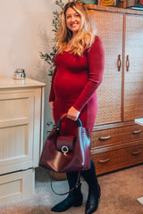 Burgundy Ribbed Knit Side Slit Maternity Midi Dress