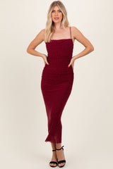 Burgundy Rhinestone Fitted Ruched Maxi Dress