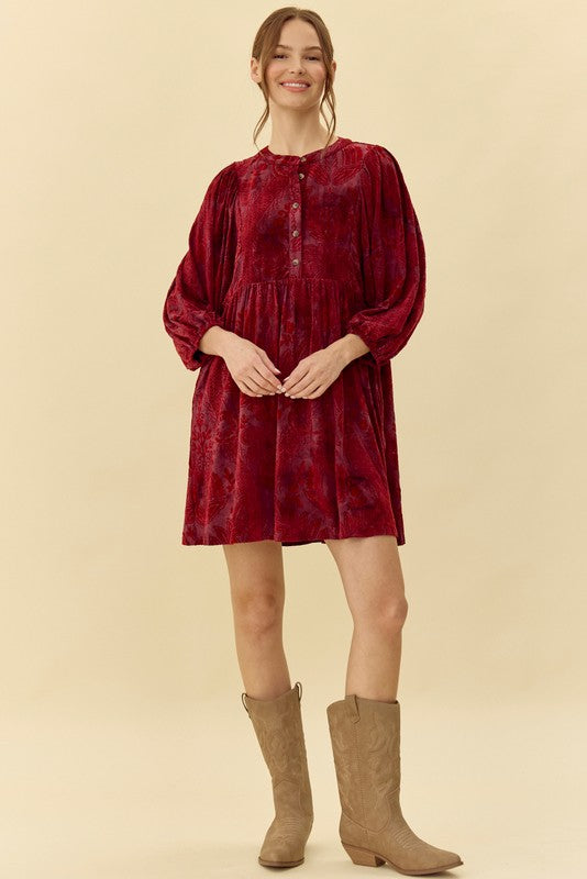 Burgundy Velvet Jacquard Button Up Dress