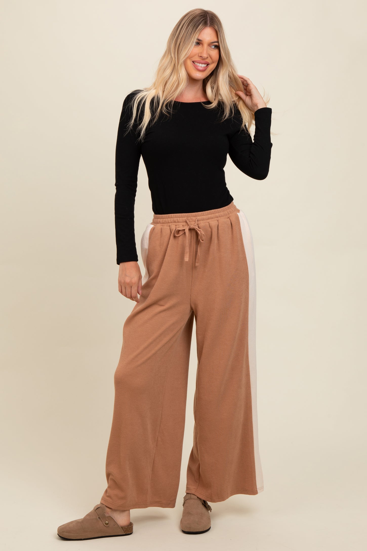 Camel Contrast Stripe Side Slit Maternity Pants