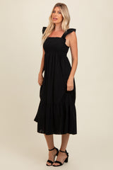 Black Textured Cotton Ruffle Strap Midi Dress