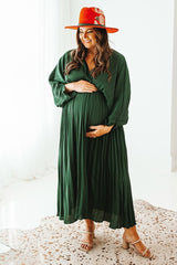 Forest Green Satin Pleated V-Neck Maternity Maxi Dress
