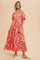 Coral Red Resort Print Puff Sleeve Maxi Dress