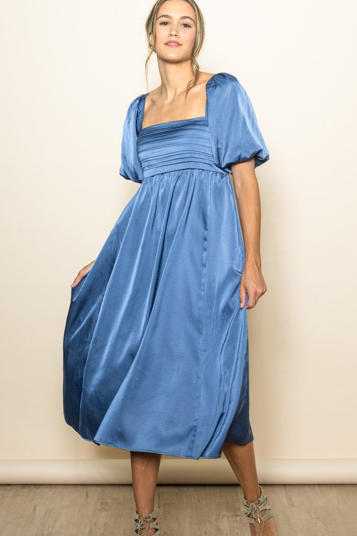Blue Satin Pleated Bodice Puff Sleeve Maternity Midi Dress