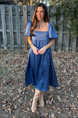 Blue Satin Pleated Bodice Puff Sleeve Midi Dress