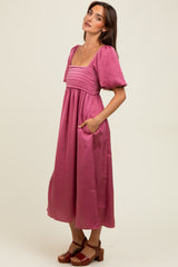 Mauve Satin Pleated Bodice Puff Sleeve Midi Dress