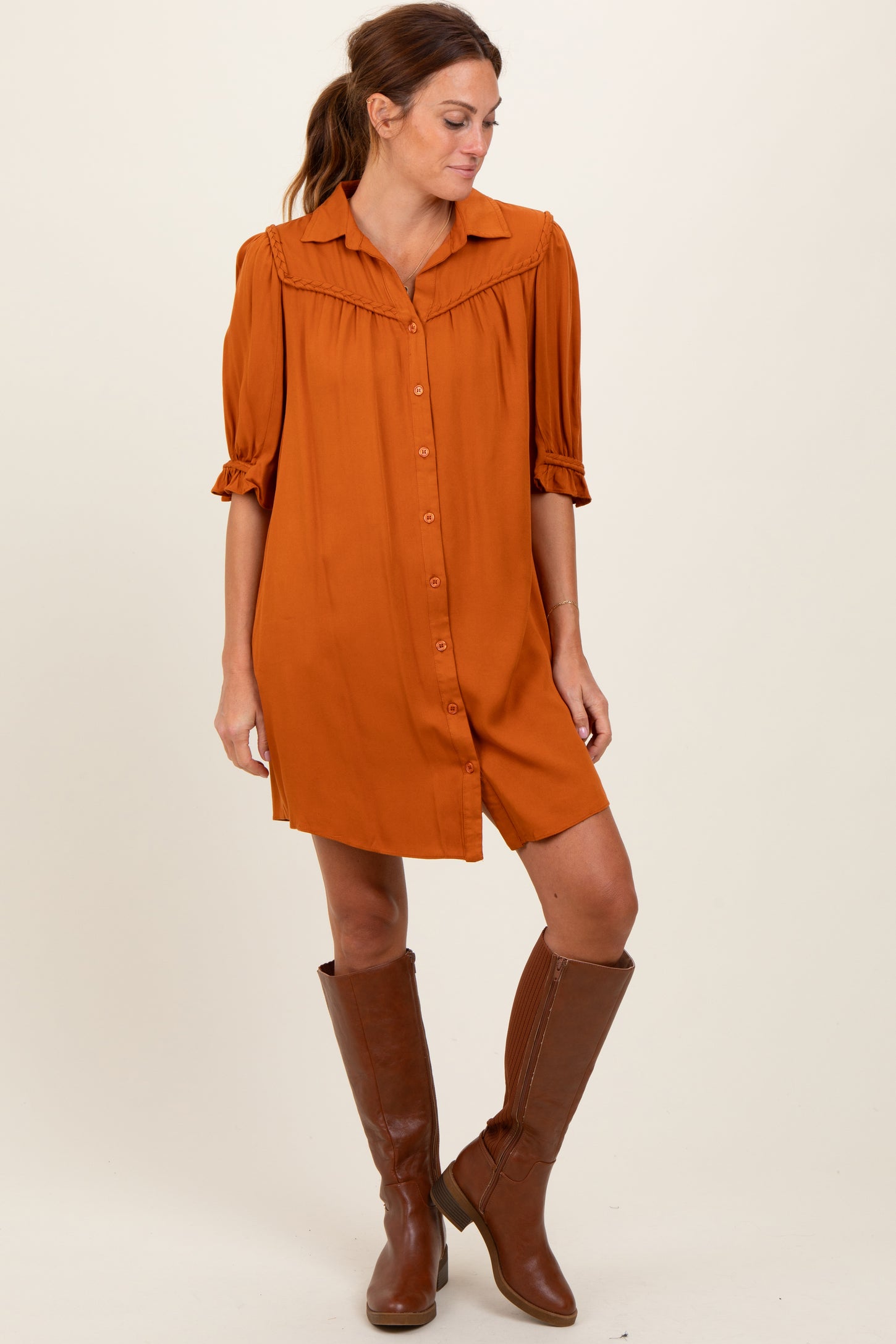 Orange Braided Trim Detail Button Down Dress
