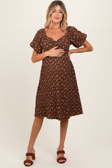 Brown Floral Smocked Sweetheart Maternity Dress