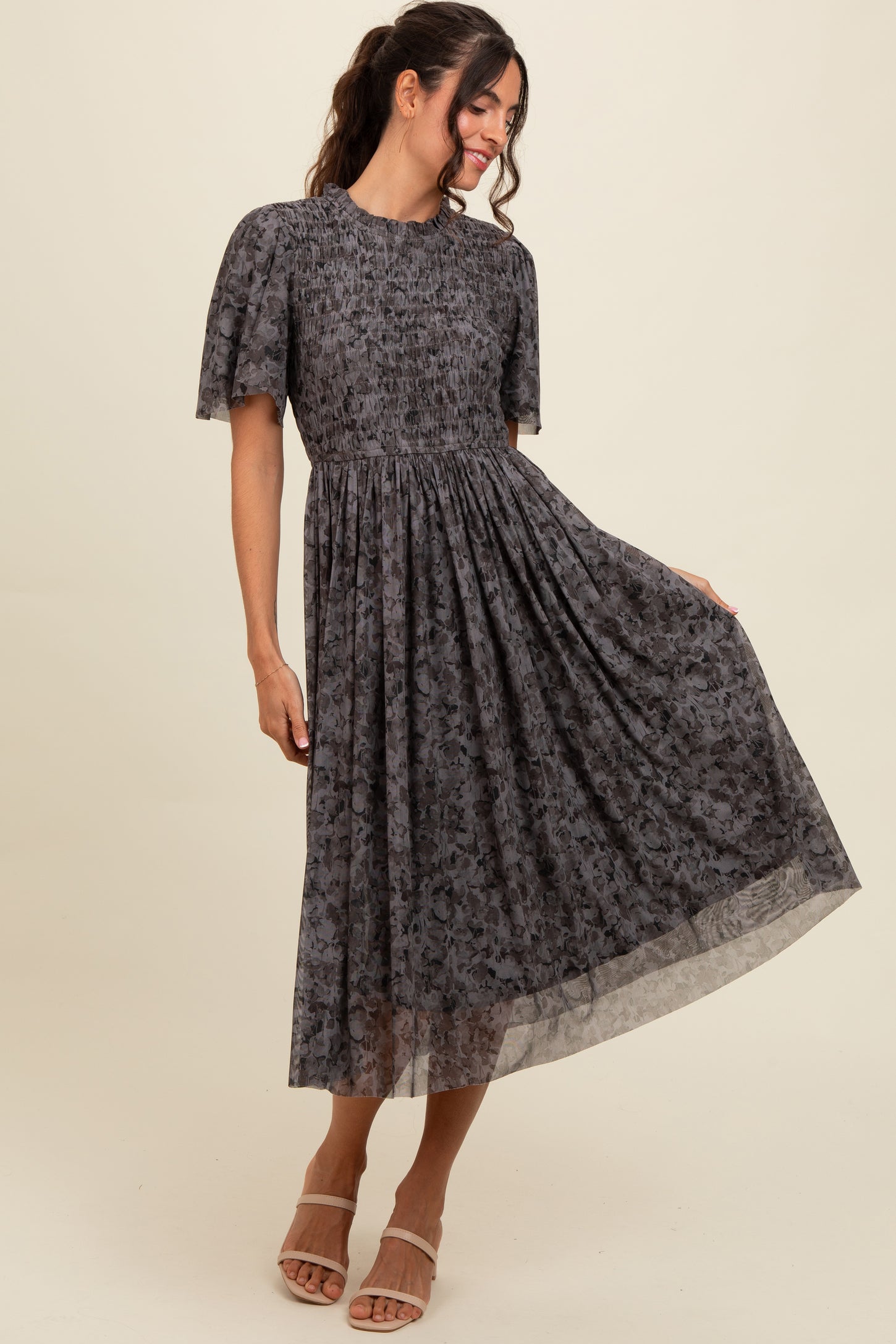 Grey Floral Smocked Midi Dress