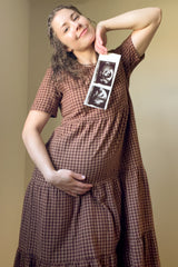 Mocha Gingham Tiered Maternity Midi Dress