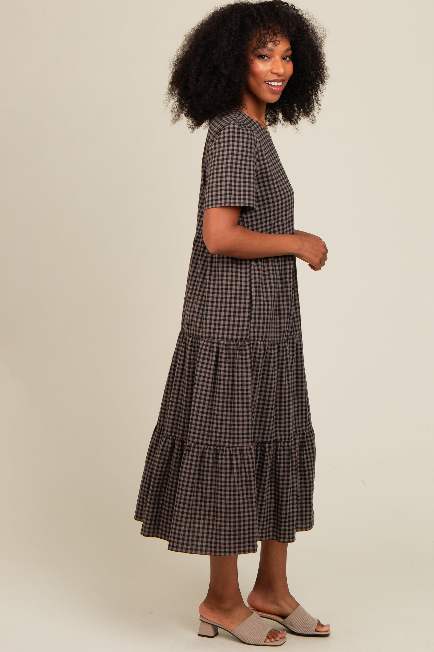 Black Gingham Tiered Midi Dress