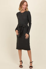 Charcoal Ribbed Sash Tie Maternity Midi Sweater Dress