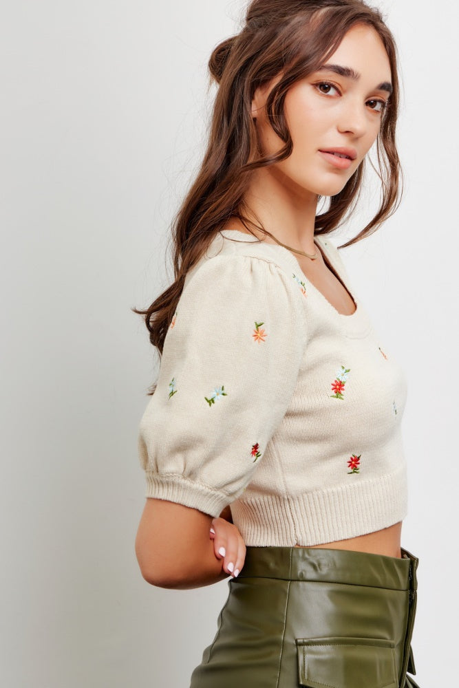 Beige Square Neck Floral Embroidered Sweater