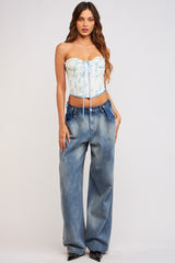 Blue Garden Floral Underwire Corset Back Tie Crop Top