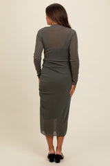 Olive Shimmer Mesh Long Sleeve Ruched Maternity Midi Dress