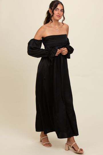 Black Off Shoulder Satin Pleated Bodice Maxi Dress