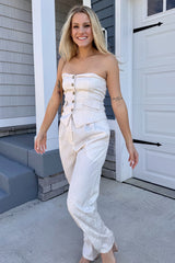 Ivory Beige Tube Vest And High Waisted Satin Long Pants Set