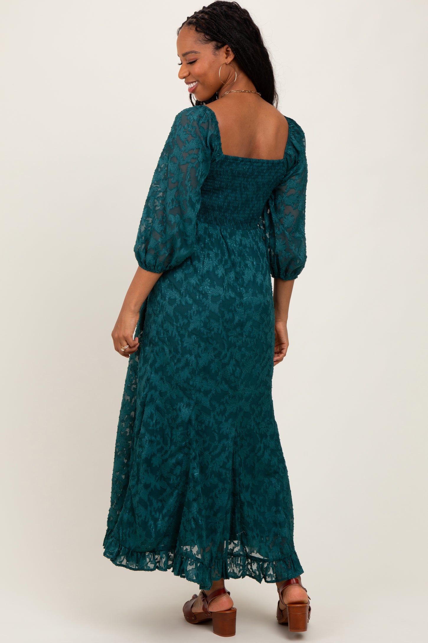 Forest Green Textured Overlay Smocked Ruffled Hem Maxi Dress