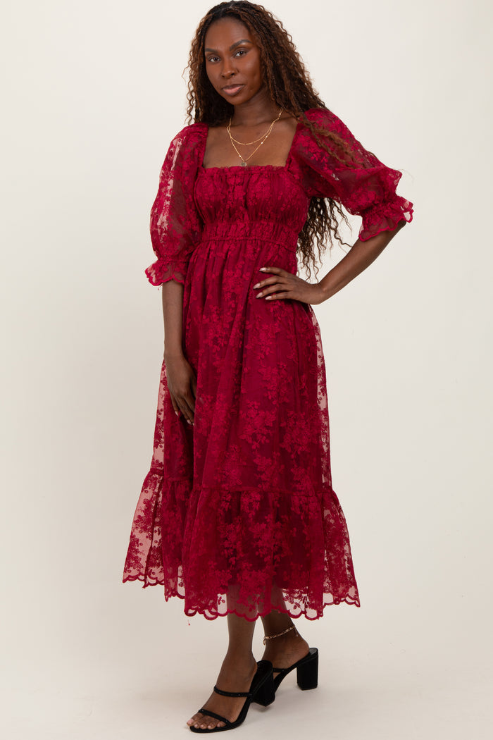 Burgundy Floral Mesh Lace Overlay Maxi Dress