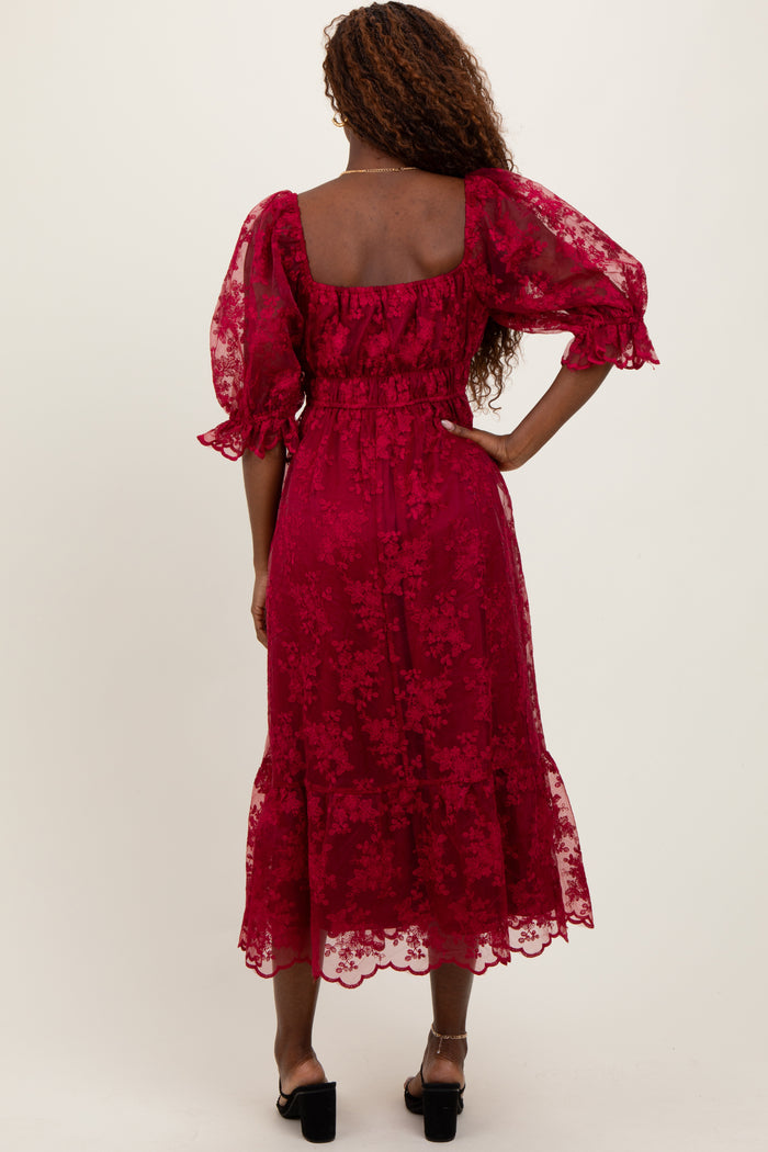 Burgundy Floral Mesh Lace Overlay Maxi Dress