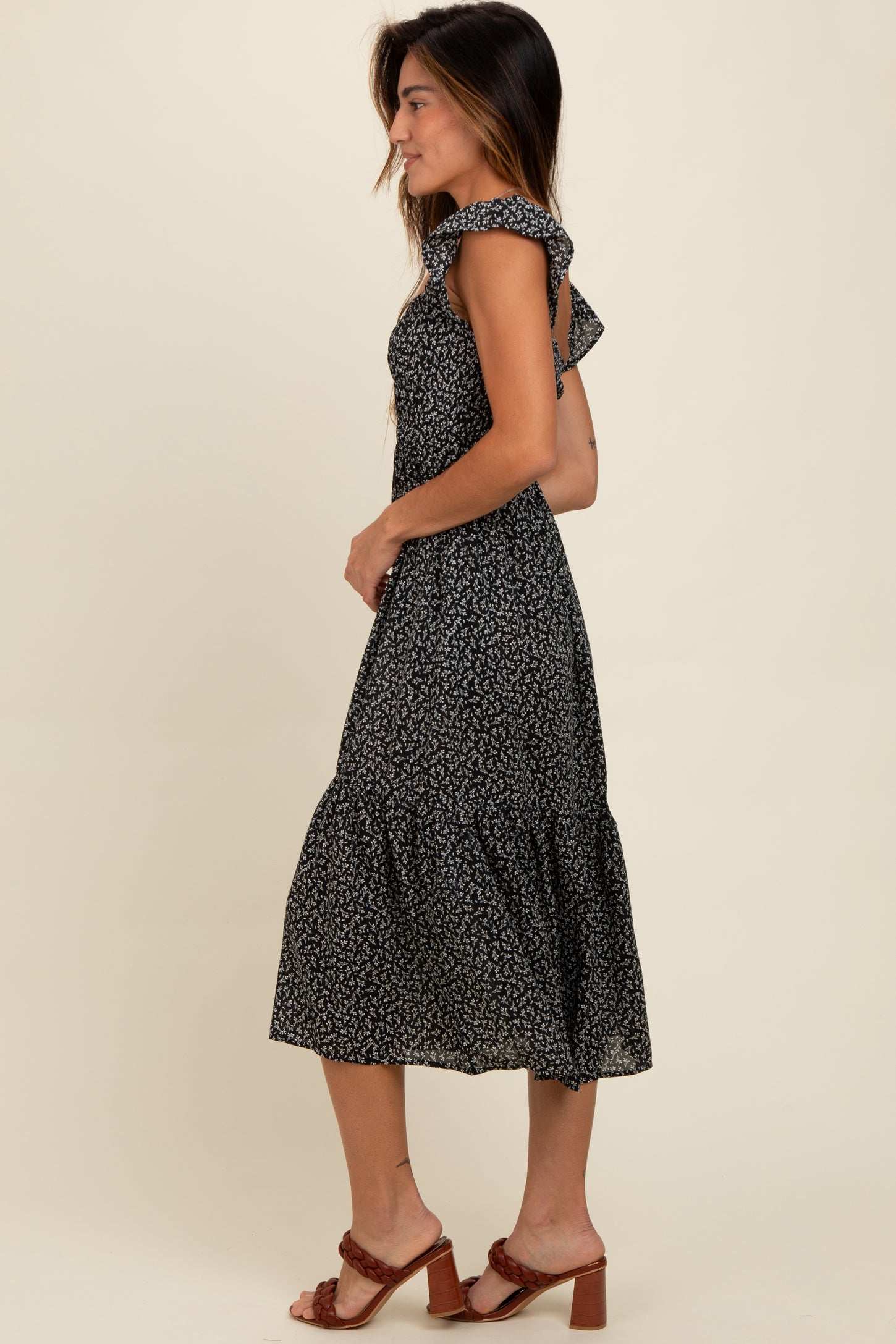 Black Ruffle Strap Smocked Mid Dress