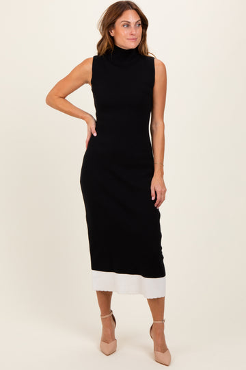 Black Knit Contrast Hem Mock Neck Sleeveless Midi Dress