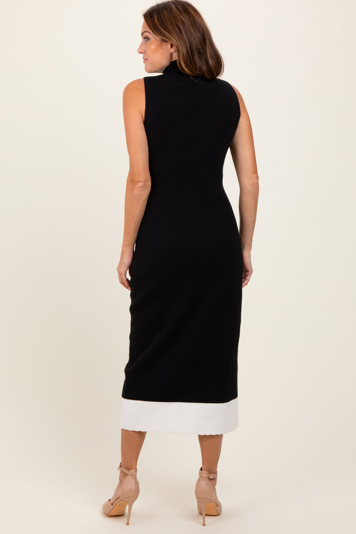 Black Knit Contrast Hem Mock Neck Sleeveless Midi Dress