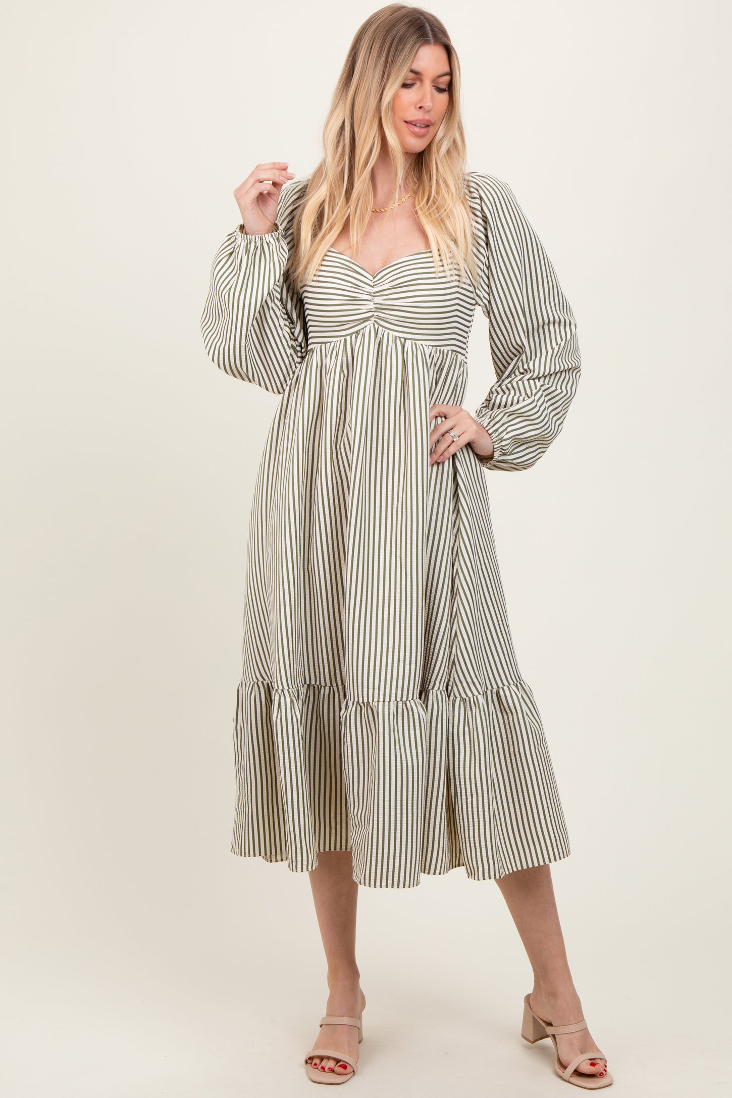 Olive Striped Ruched Bodice Balloon Sleeved Maternity Midi Dress
