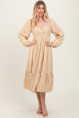 Yellow Striped Ruched Bodice Balloon Sleeved Maternity Midi Dress