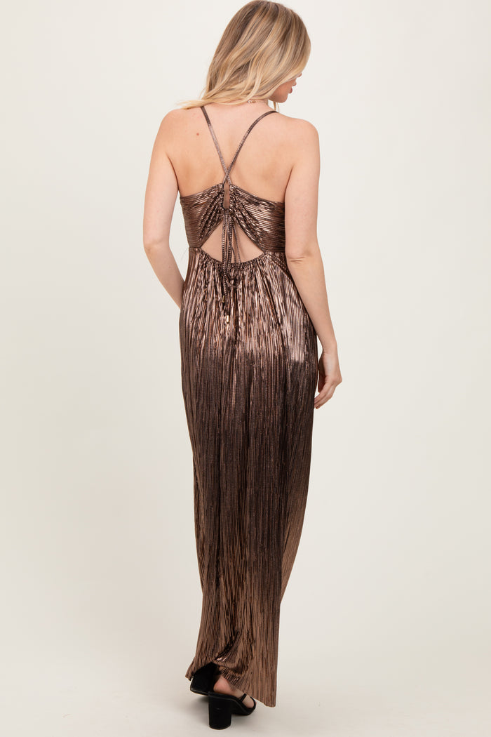 Brown Metallic Deep V-Neck Cutout Tie Back Maxi Dress