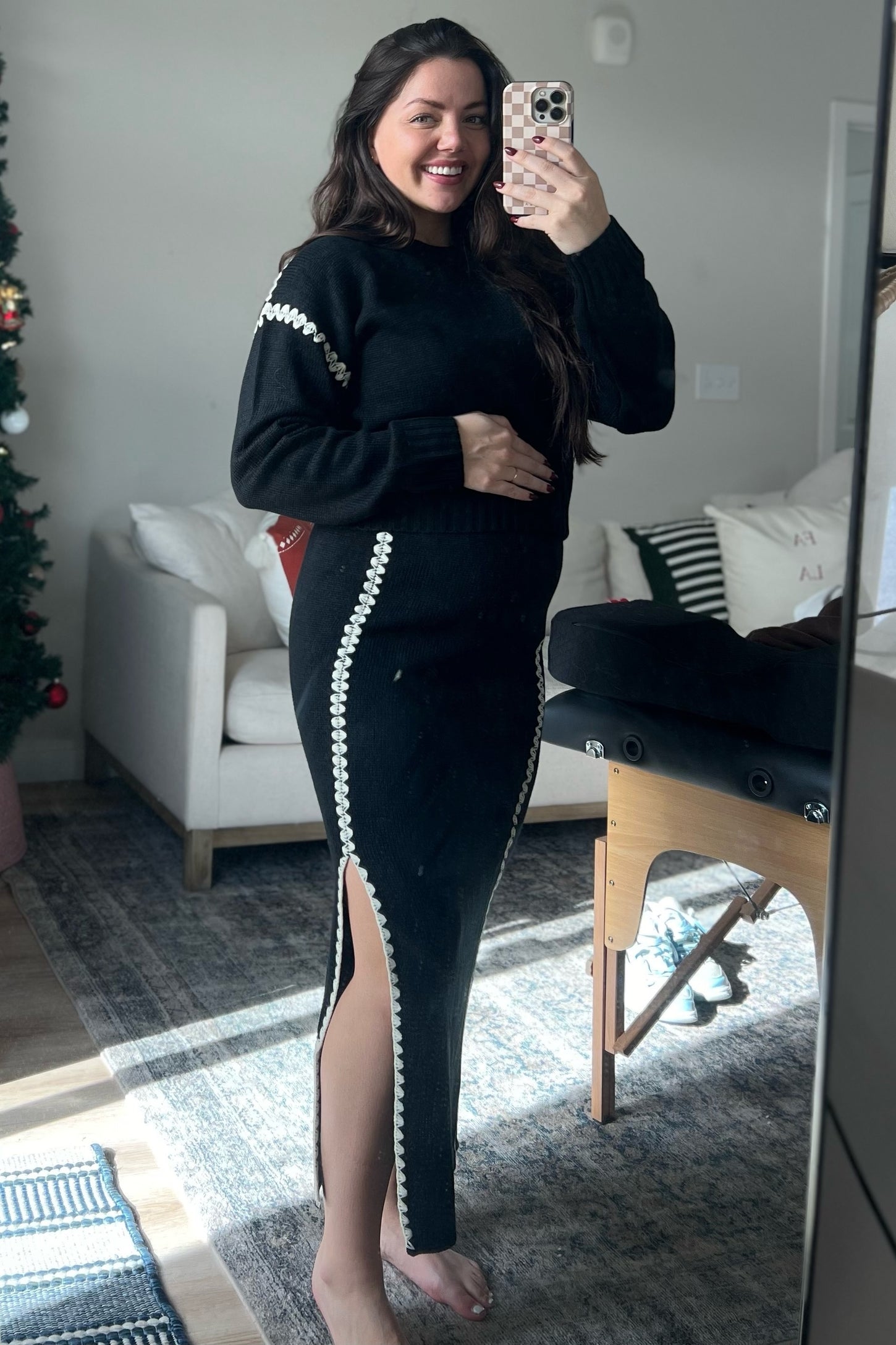 Black Contrast Stitch Knit Sweater And Maxi Skirt Maternity Set