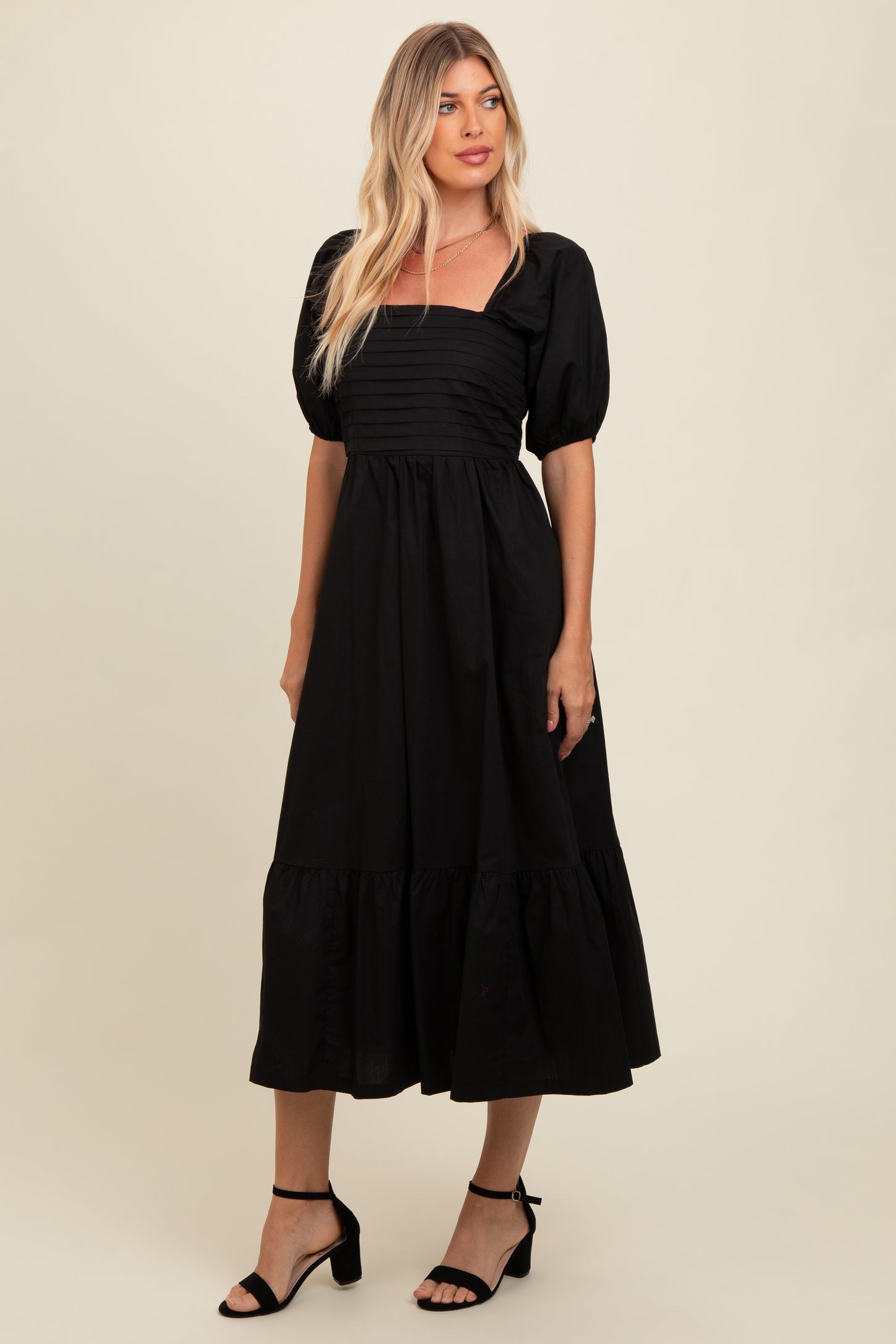 Black Pleated Bodice Puff Sleeve Midi Dress