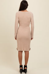 Cream Ribbed Knit Long Sleeve Tie Waist Dress
