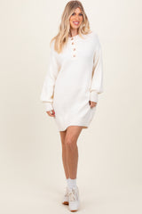 Cream Half Button Up Mini Sweater Dress