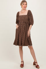 Mocha Floral Pleated Bodice Lace Trim Maternity Midi Dress