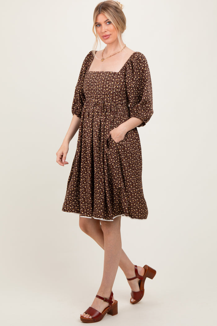 Mocha Floral Pleated Bodice Lace Trim Midi Dress