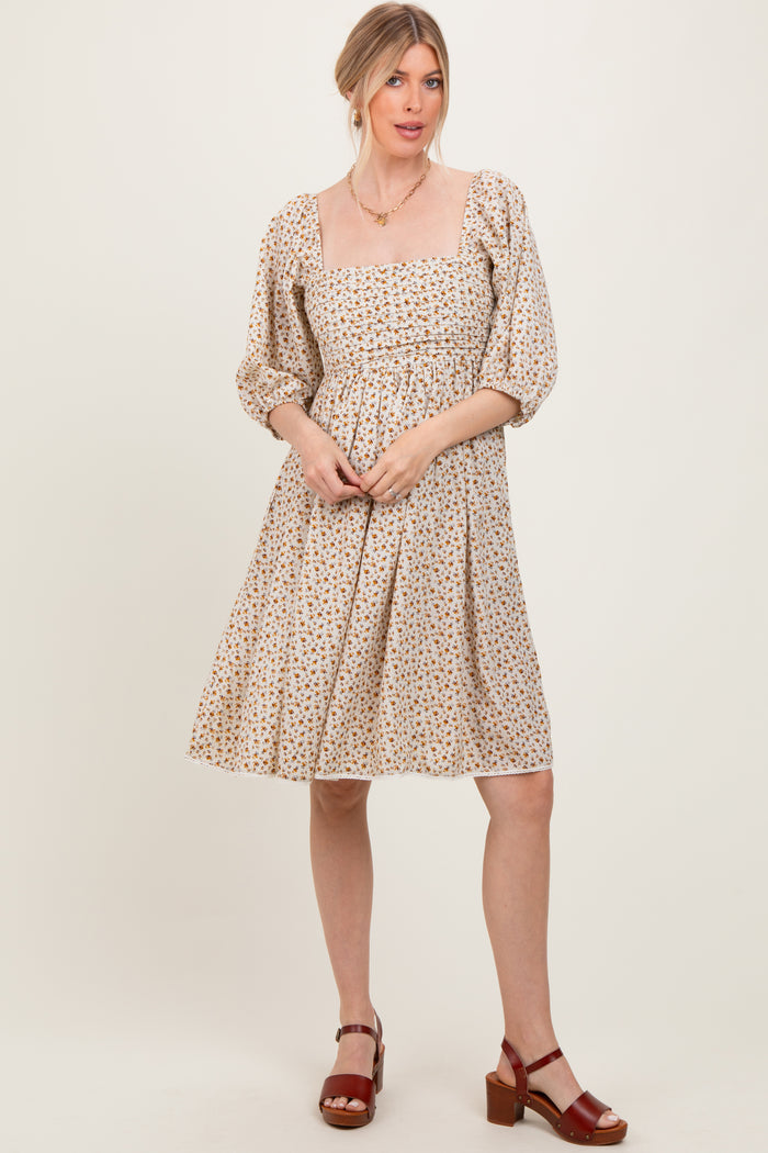 Cream Floral Pleated Bodice Lace Trim Midi Dress